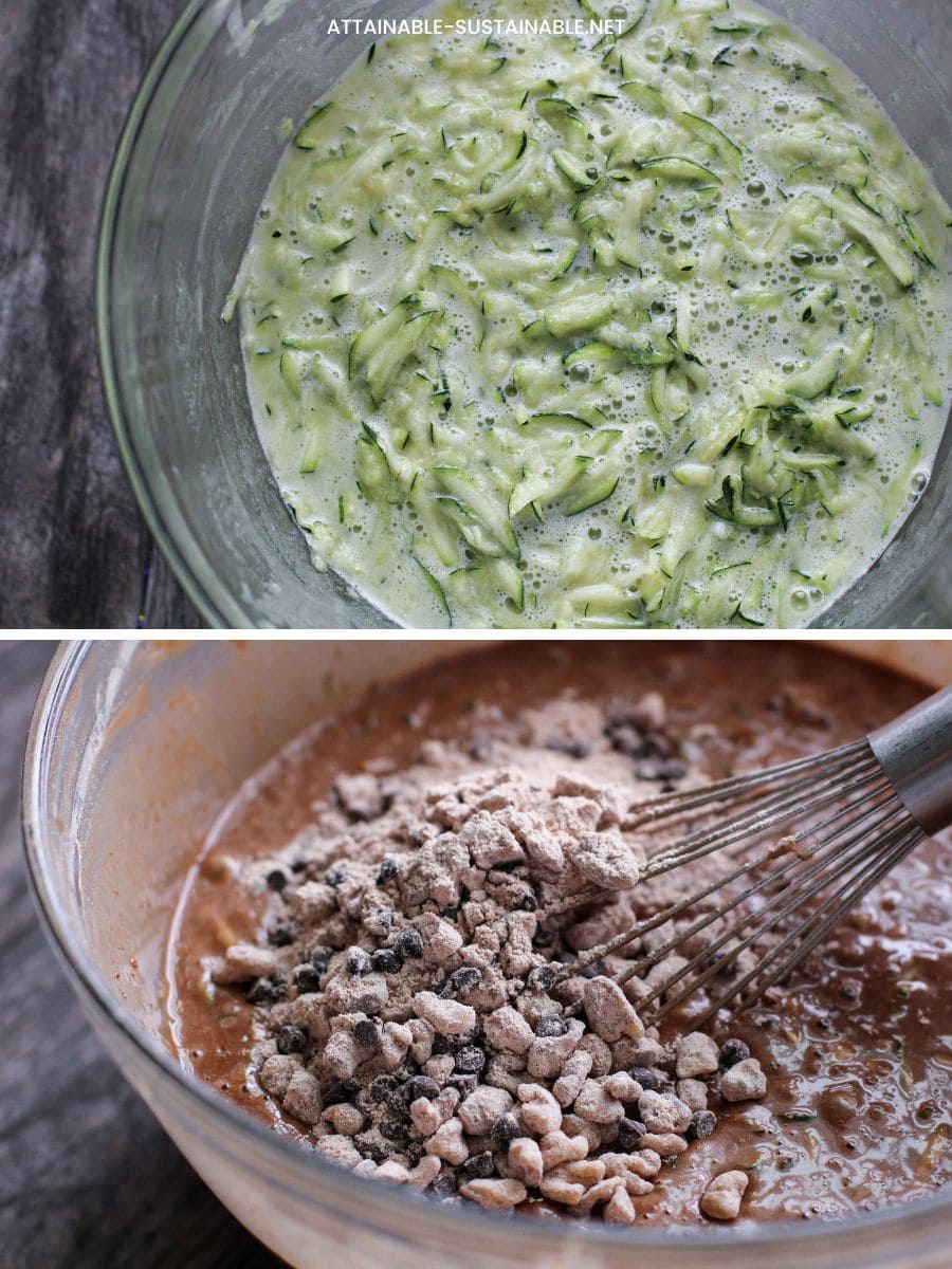 2 panel showing zucchini stirred into liquid ingredients, and then adding the dry ingredients.