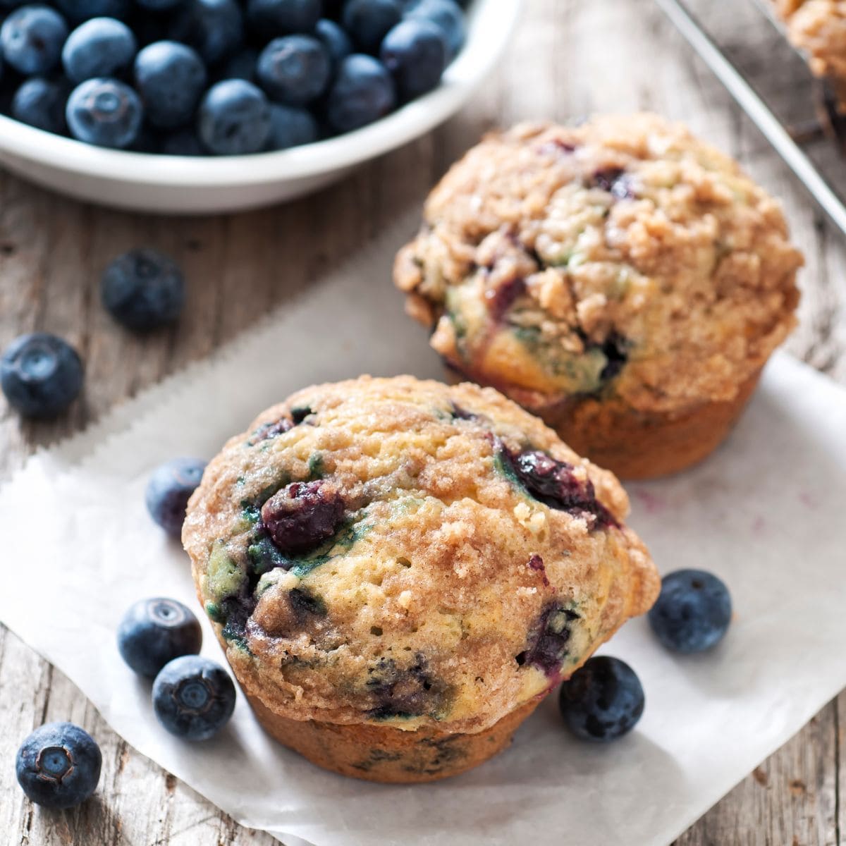 two blueberry muffins on a sheet of parchment with a bowl of fresh berries behind.