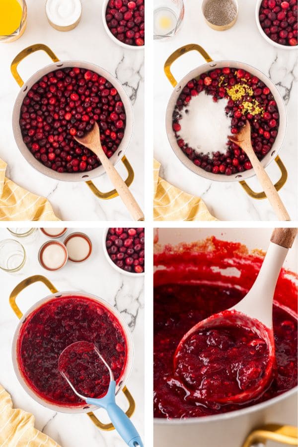 4 panel showing process of making whole cranberry sauce: cranberries in pot, sugar added, mashed, spooning some out.