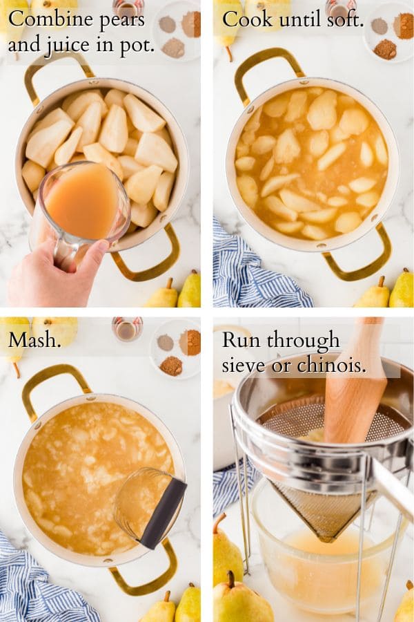 4 panel showing process of cooking and sieving the pears.