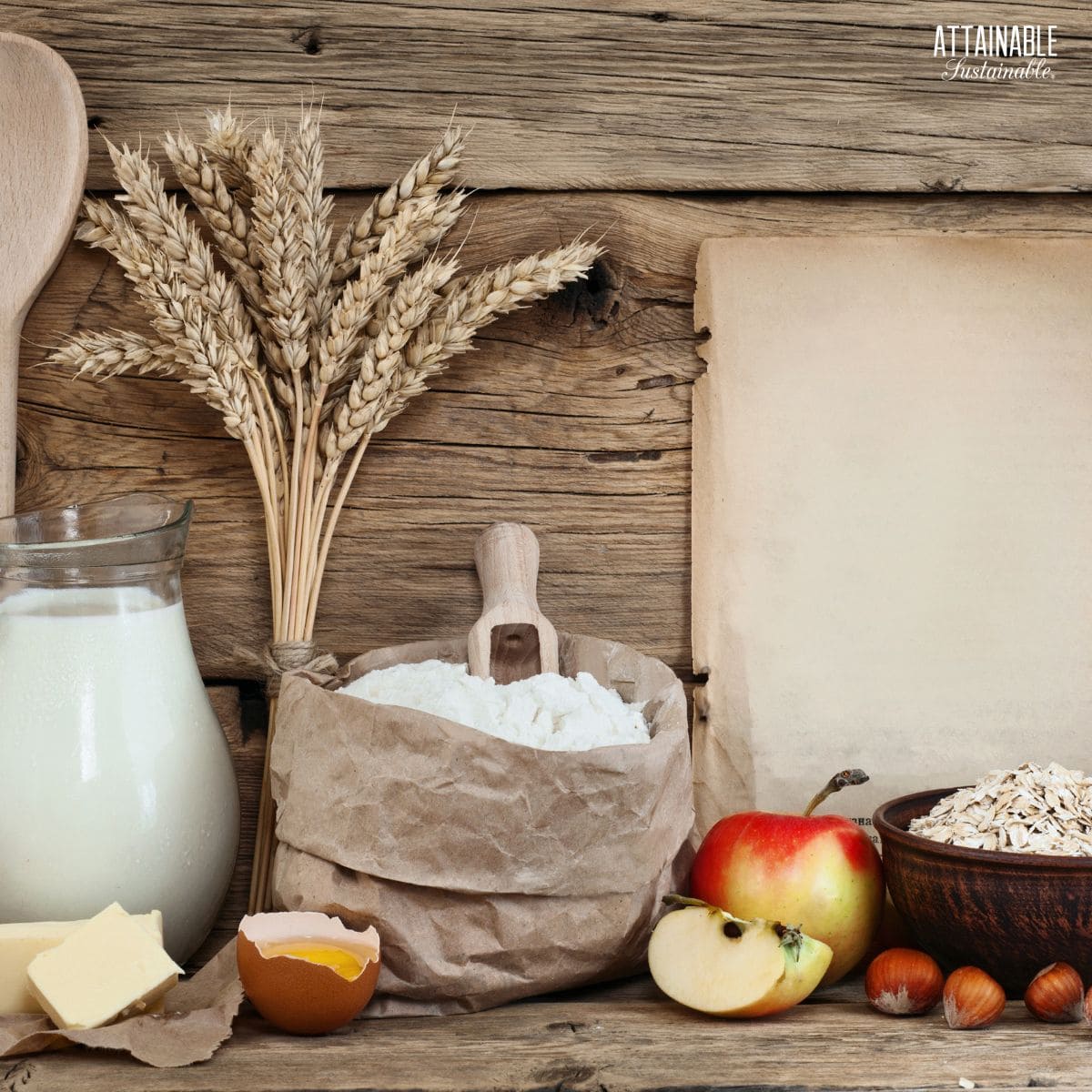 ingredients against a wooden backdrop: flour, egg, butter, milk, apples.
