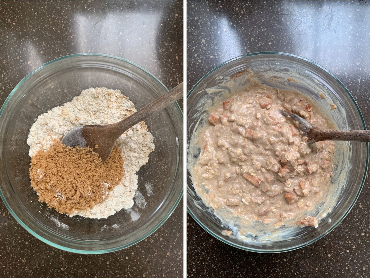 2 panel showing the addition of sugar to the dry ingredients and the batter with apples mixed in.