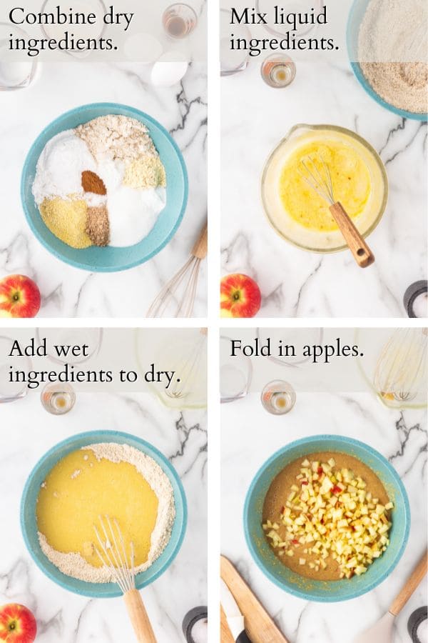 4 panel process shots showing the making of apple muffins.