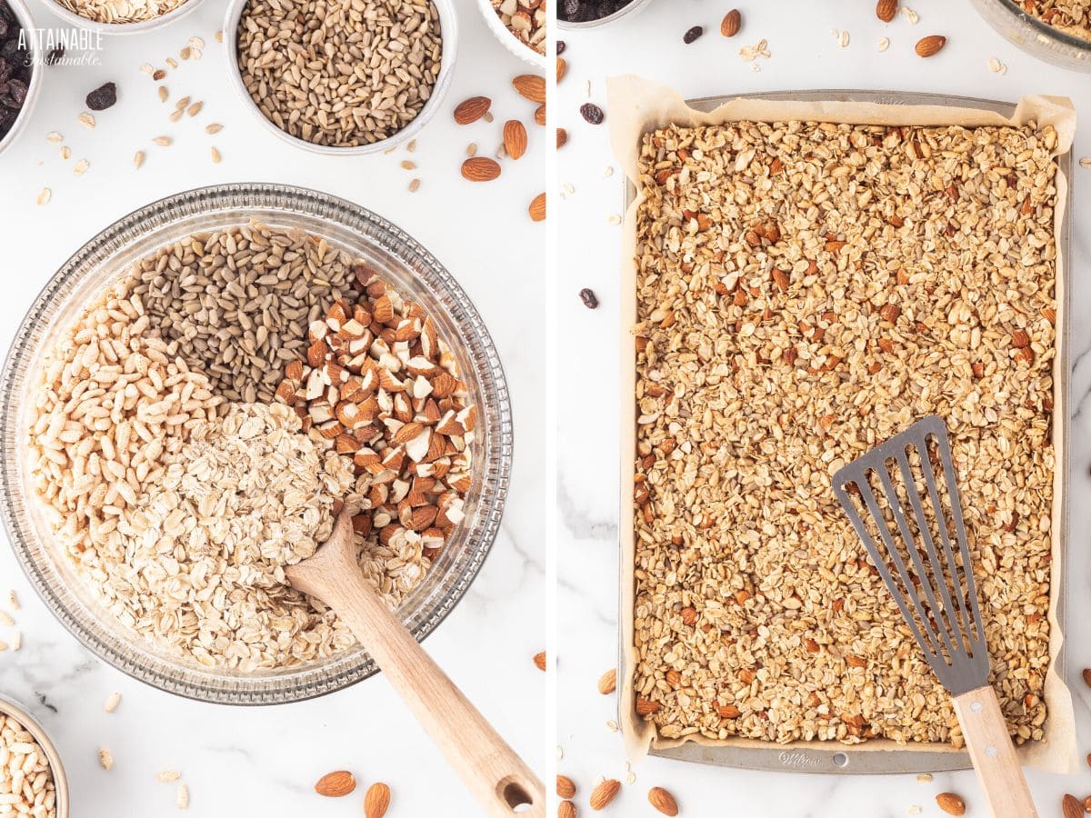 2 panel showing the dry ingredients in a bowl, and the finished mixture in a baking pan.