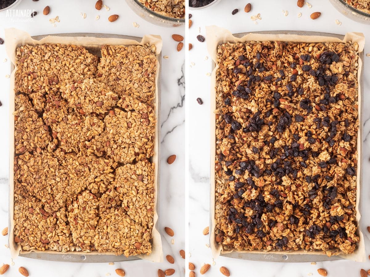 2 panel showing the cooked granola, broken up and then with the raisins added.