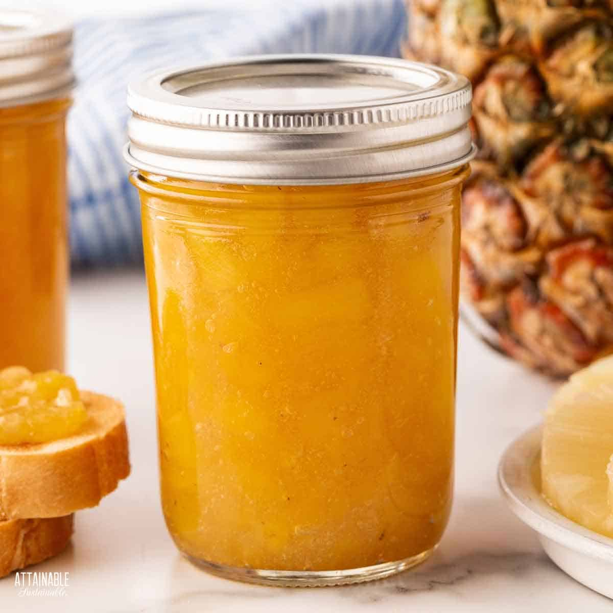 jar of home canned pineapple jam.