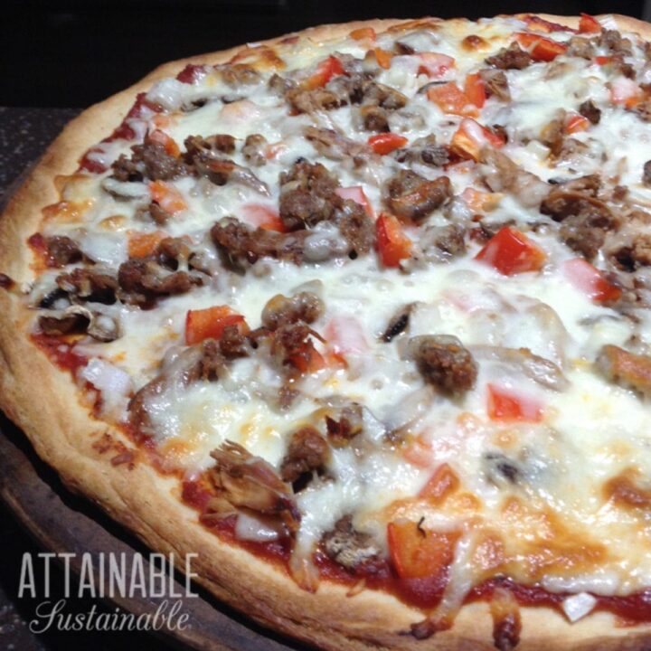 pizza with tomato sauce, sausage, mushrooms, and cheese.