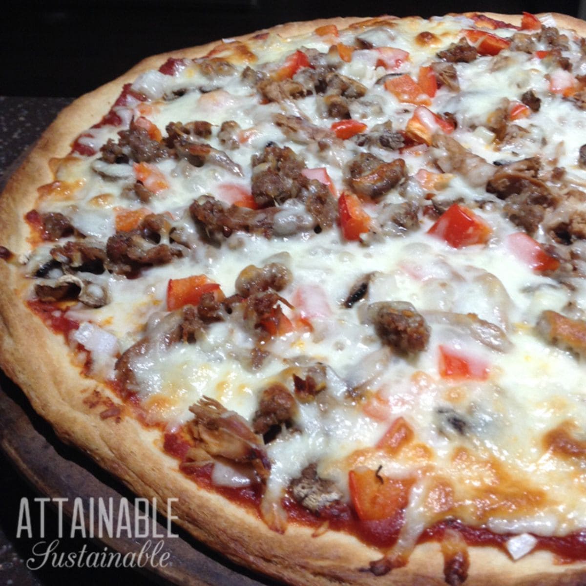 pizza with tomato sauce, sausage, mushrooms, and cheese.