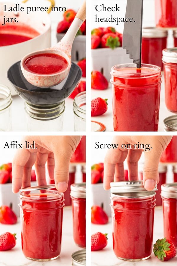 4 panel showing canning process from filling jars to affixing lids and rings.