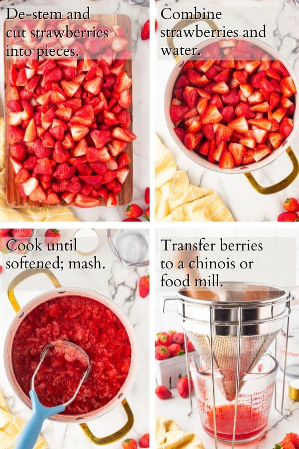 4 panel process of making cooked strawberry puree.