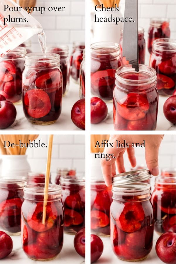 4 panel process showing plums in jars, getting prepared for canning pot.