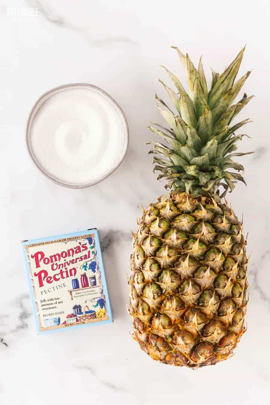 ingredients for making pineapple jam: fresh pineapple, pomona's pectin, sugar.