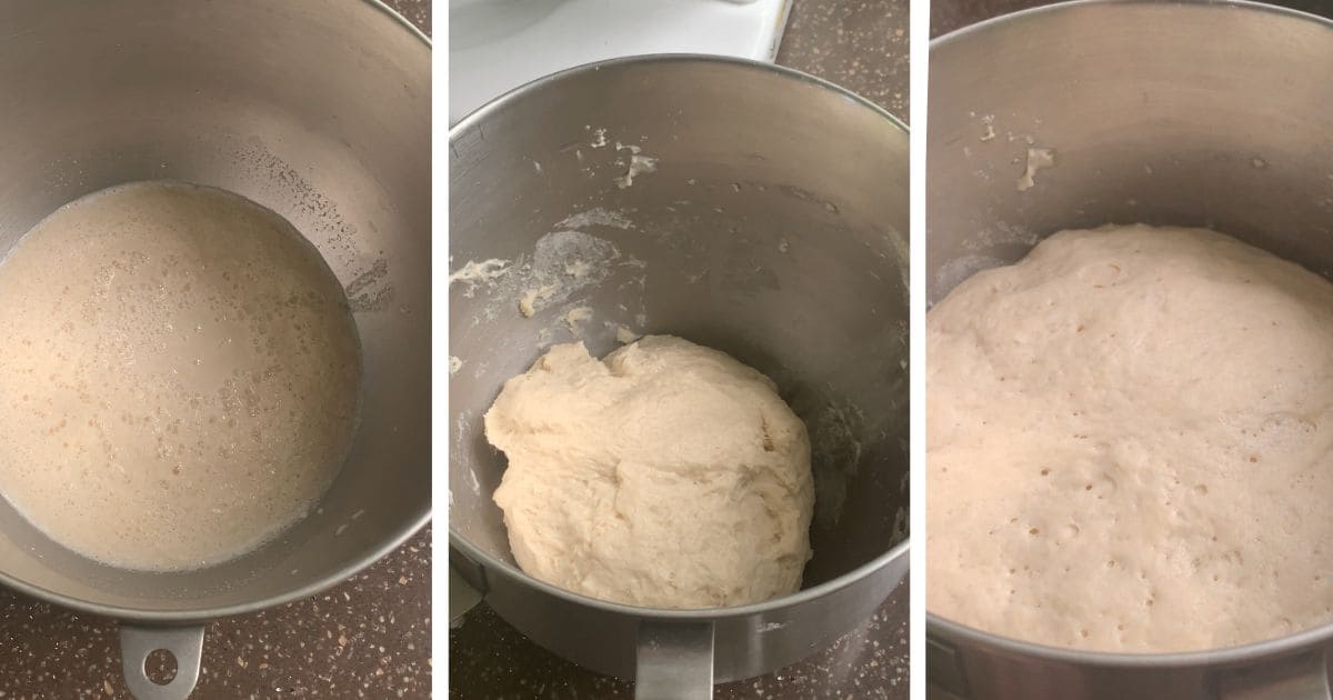 3 panel showing yeast and dough, before and after rise.
