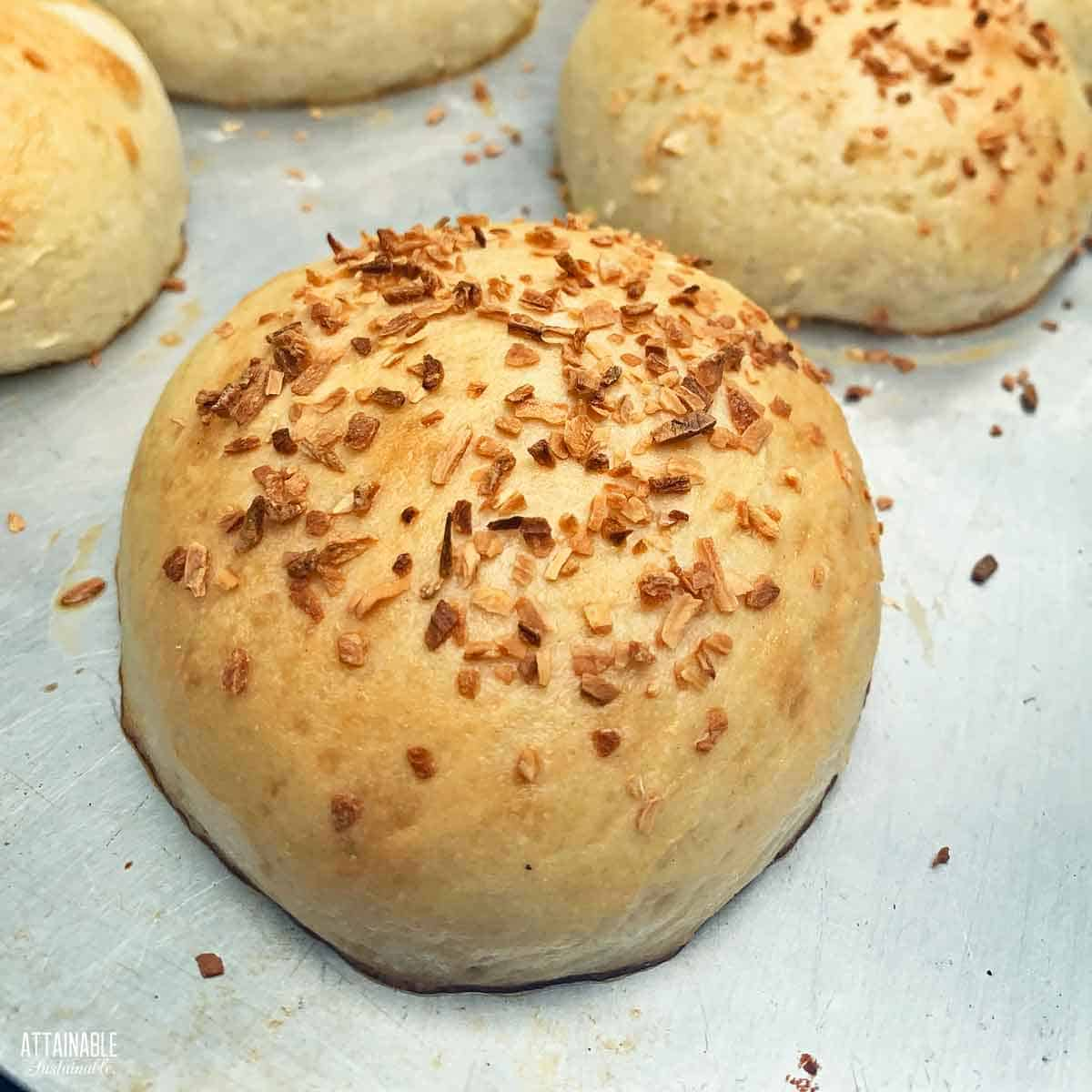 close up of one potato hamburger bun topped with dried onions.