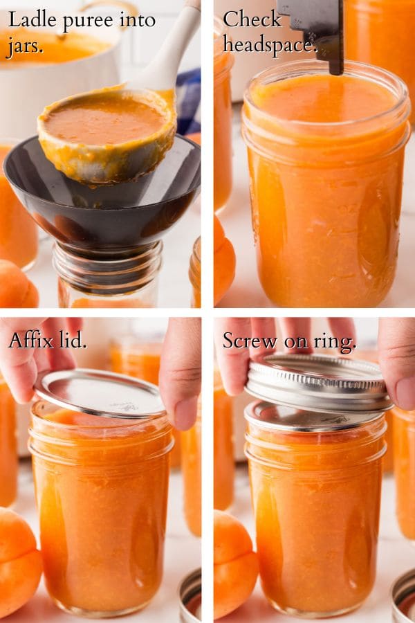 4 panel showing the process of jarring the jam for canning.