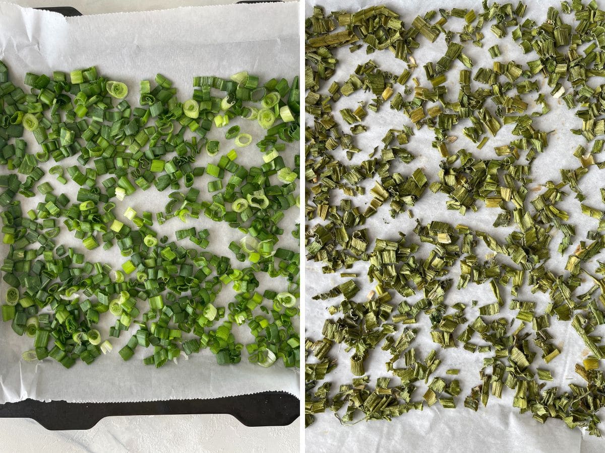 green onions before and after dehydrating.