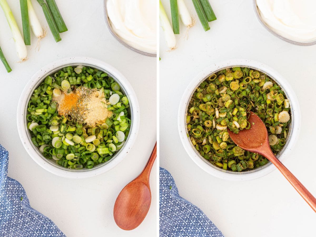 2 panel showing green onions with spices before and after mixing.