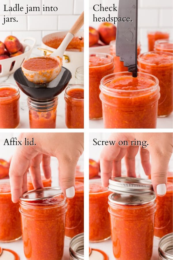 4 panel image showing process of prepping jars for canning.