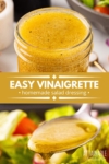 2 panel showing mason jar full to the brim with yellow salad dressing, and a spoonful being drizzled onto a green salad.
