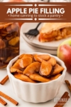 apple pie filling in a white dish, with pie behind.